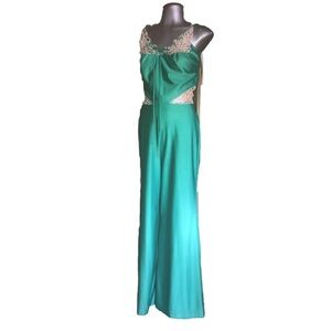 VINTAGE 70sFrederick's of Hollywood Green Teal Jumpsuit with White Lace